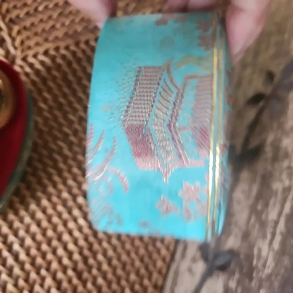 Vintage BaoDing in pedestal case, turquoise & red Chinese Fabric